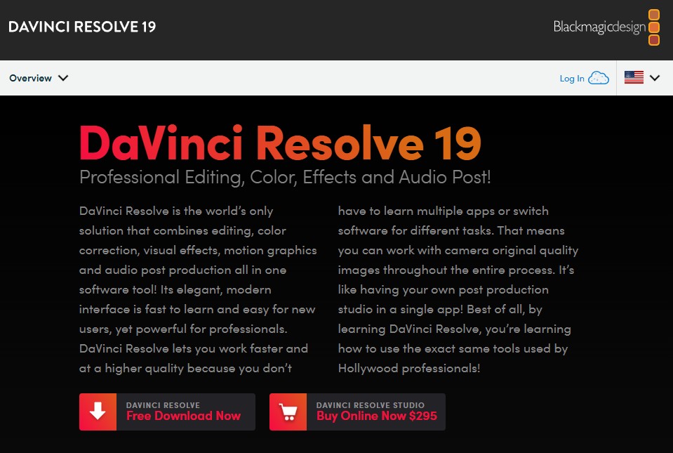 Скриншот сайта DaVinci Resolve